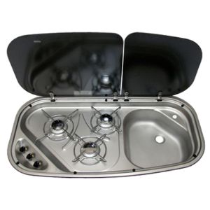 Three-burner gas cooktop with integrated sink