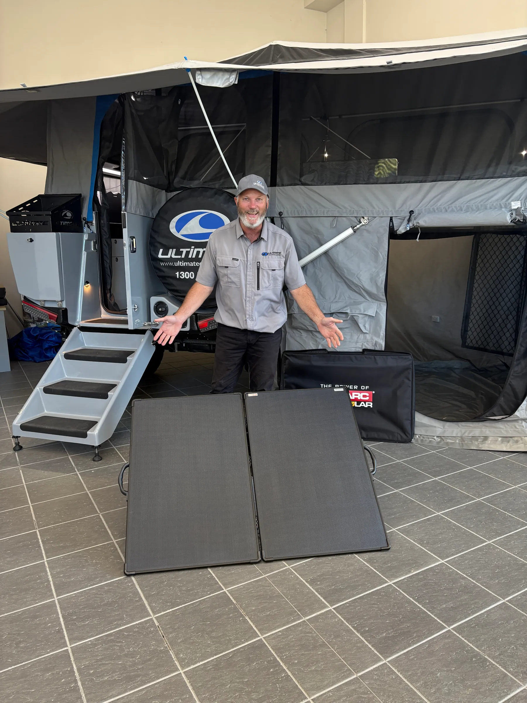 REDARC Solar folding panel displayed with an Ultimate Camper