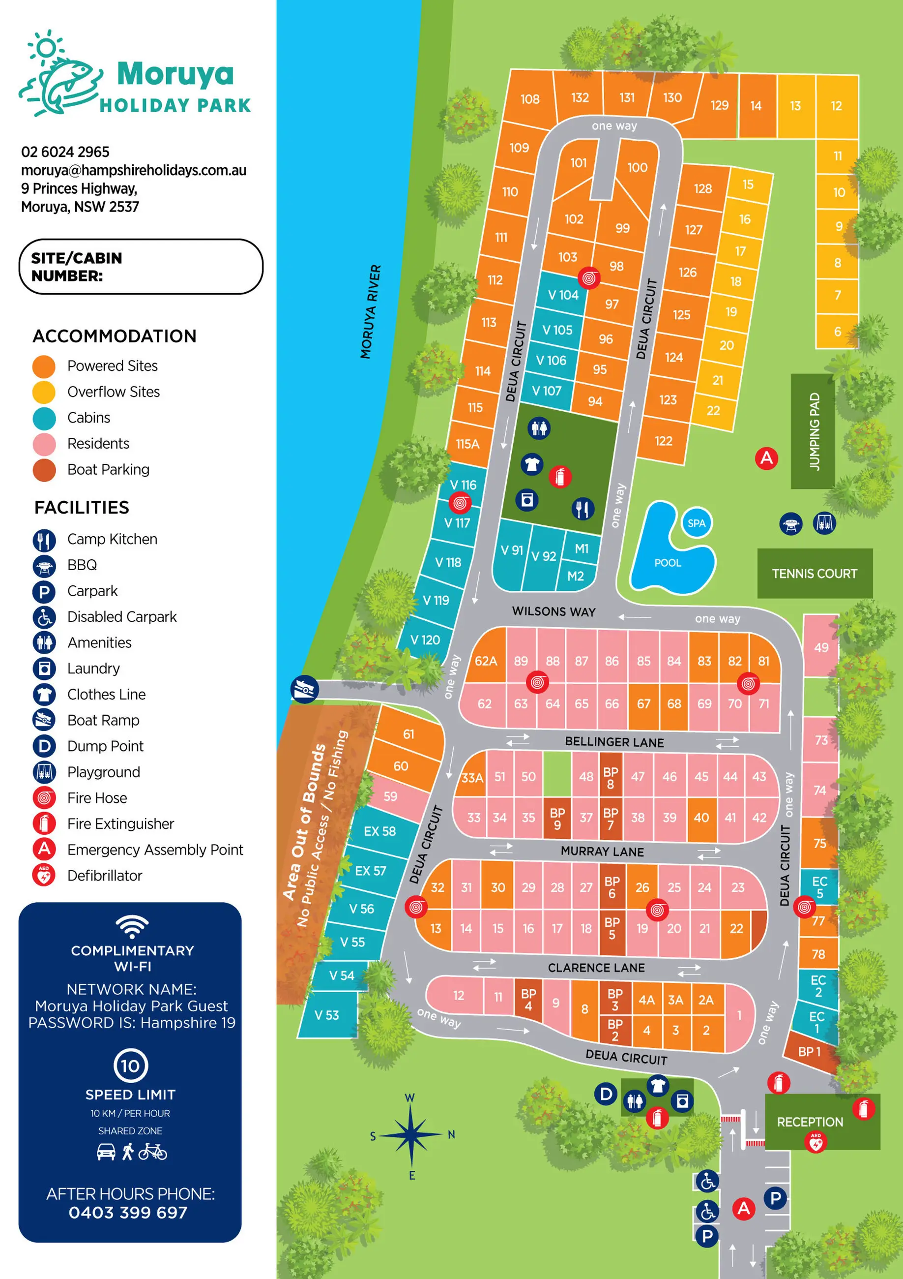Moruya Holiday Park map showing numbered powered, unpowered and riverside sites and cabins